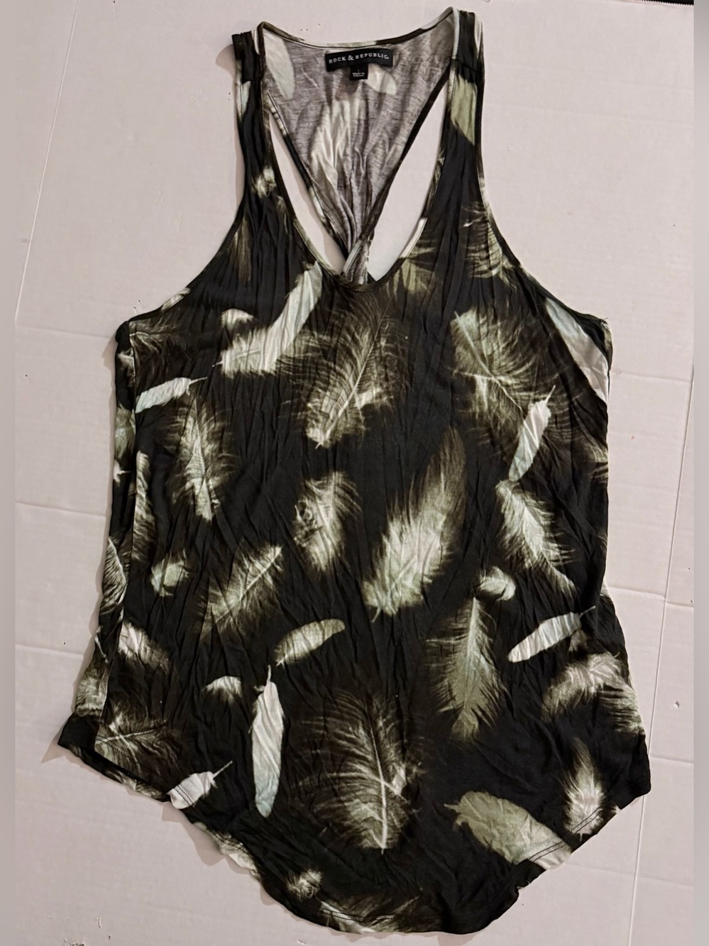 Rock & Republic Feather-Print Racerback Tank L